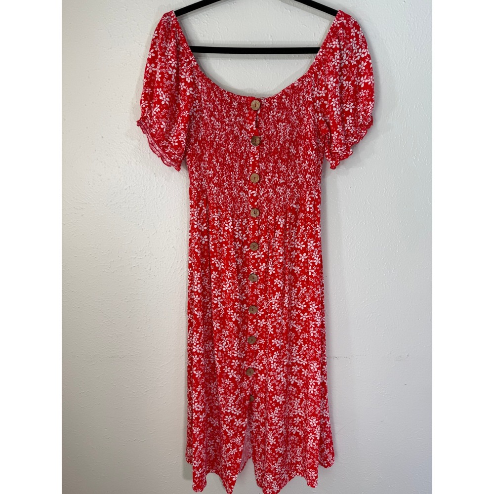 Roxy Red Floral Smocked Midi Dress Short Puff Sleeve Button Front Small